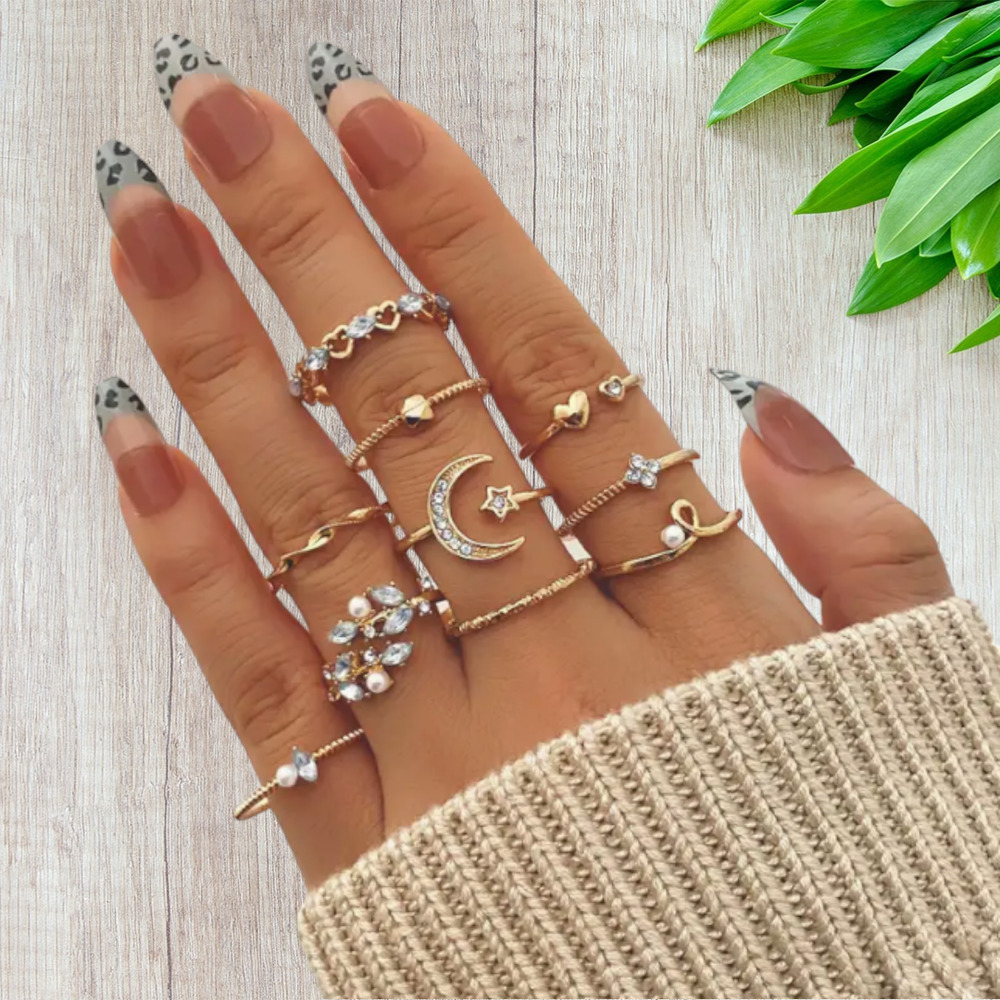 Flower, Moon, and Stars Boho Gold Stacking Rings - 10 Pieces - Picture 2 of 3